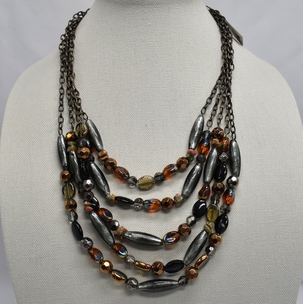 Cookie Lee Chunky Layered Necklace Gray Amber Glass Beads Boho Statement NWT